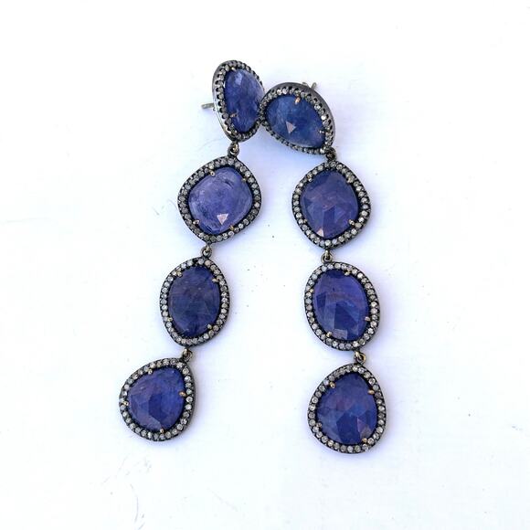 Authentic Tanzanite & Diamond Pavé Dangle Earrings Sterling Silver 14k Gold - Picture 1 of 7